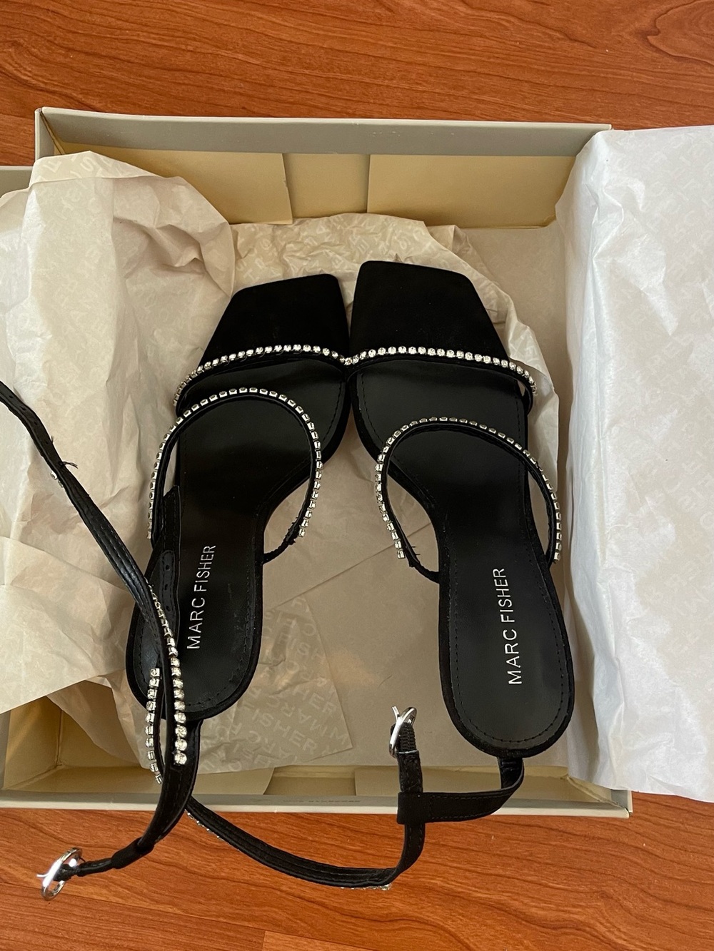 Marc Fisher Black Rhinestone Strap Square Toe Block Heel Sandals